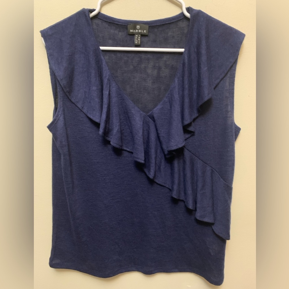 MARBLE Oversized Deep Navy Blue Light Knit Ruffle Tank Top